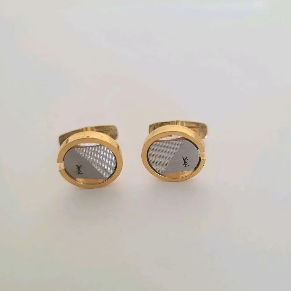 Yves Saint Laurent YSL Gold Silver Tone Round Cufflinks Designer Retro Whale